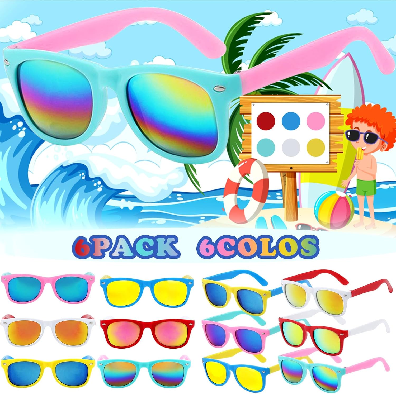 6 Pack Kids Sunglasses Bulk with UV Protection, Kids Sunglasses Party Favors for Boys and Girls Ages 3-6, Essential Party Supplies for Summer Outdoor Activities